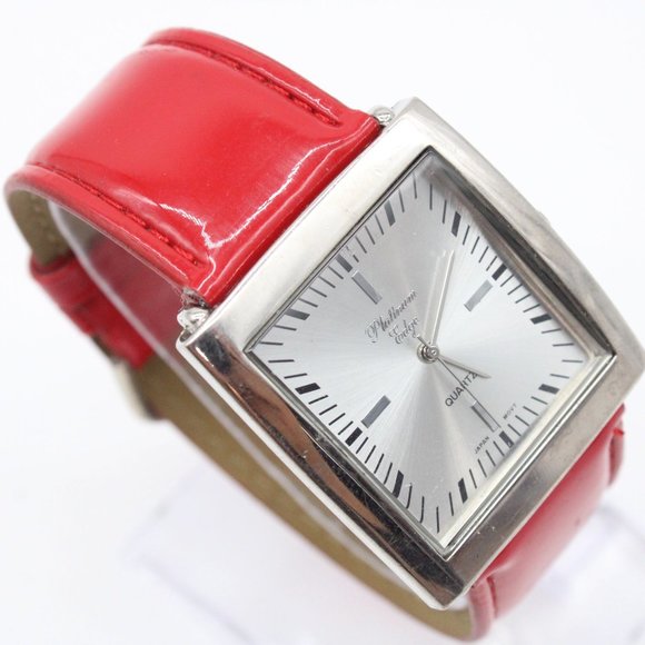 Platinum Edge Watch Womens Silver Tone Stainless Steel Big Face Red Leather Band - Picture 1 of 8